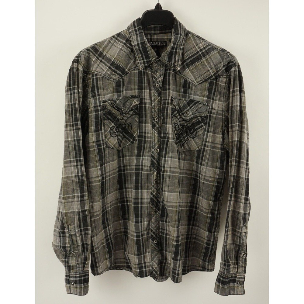Affliction Men's 2X Long Sleeve Plaid Skull Logo‎ Chrome Metal Button Up Shirt